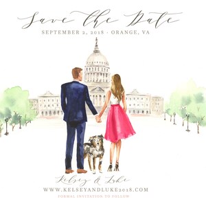 Salve o design e ilustração do cartão de data - Desenho em aquarela Noiva Noivo Esboço de casamento Pintura em aquarela Desenho com animal de estimação