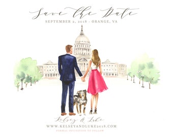 Save the Date Card Design and Illustration - Watercolor Drawing Bride Groom Wedding Sketch Watercolour Painting Drawing with Pet