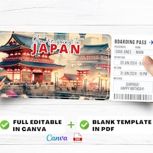 Japan Trip Surprise Gift Ticket - You&#39;re Going to JAPAN - Printable, Flight, Boarding Pass, Editable, Instant Download, Travel Print