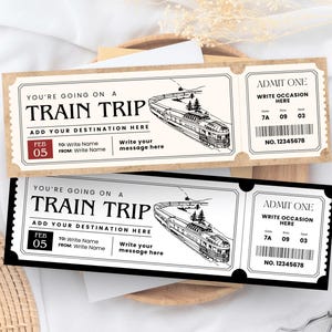 Bahnticket-Vorlage, Reise-Geschenkgutschein, gedruckt, kreative personalisierte Geschenke, Bahnticket, druckbare Geschenkgutschein-Vorlage
