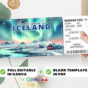 Biglietto aereo modificabile per l'Islanda, stampa voucher di viaggio a sorpresa, carta d'imbarco di destinazione modificabile, buono regalo per biglietto aereo