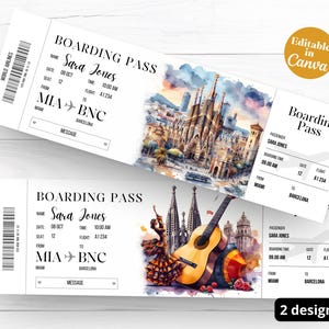 Printable and editable Barcelona Spain Surprise boarding pass ticket, trip ticket to Barcelona template, Vacation ticket, Boarding Pass BNC