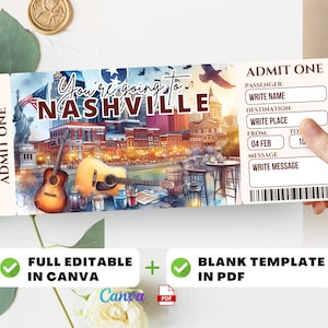 Nashville TN USA Trip Surprise Gift Ticket - You&#39;re Going to NASHVILLE - Printable, Flight, Boarding Pass, Editable, Instant, Travel Print