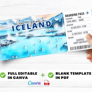 Iceland Trip Surprise Gift Ticket - You're Going to ICELAND - Printable, Flight, Boarding Pass, Editable, Instant Download, Travel Print