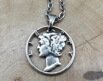 Collana antica con moneta da dieci centesimi di dollaro in argento americano tagliata a mano, 18 pollici, NUOVA