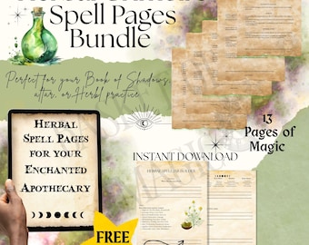 May include: A digital download bundle of herbal grimoire spell pages. The image features a green potion bottle, a tablet displaying spell pages, and several printed pages with text. The text includes "Herbal Grimoire Spell Pages Bundle" and "Instant Download."