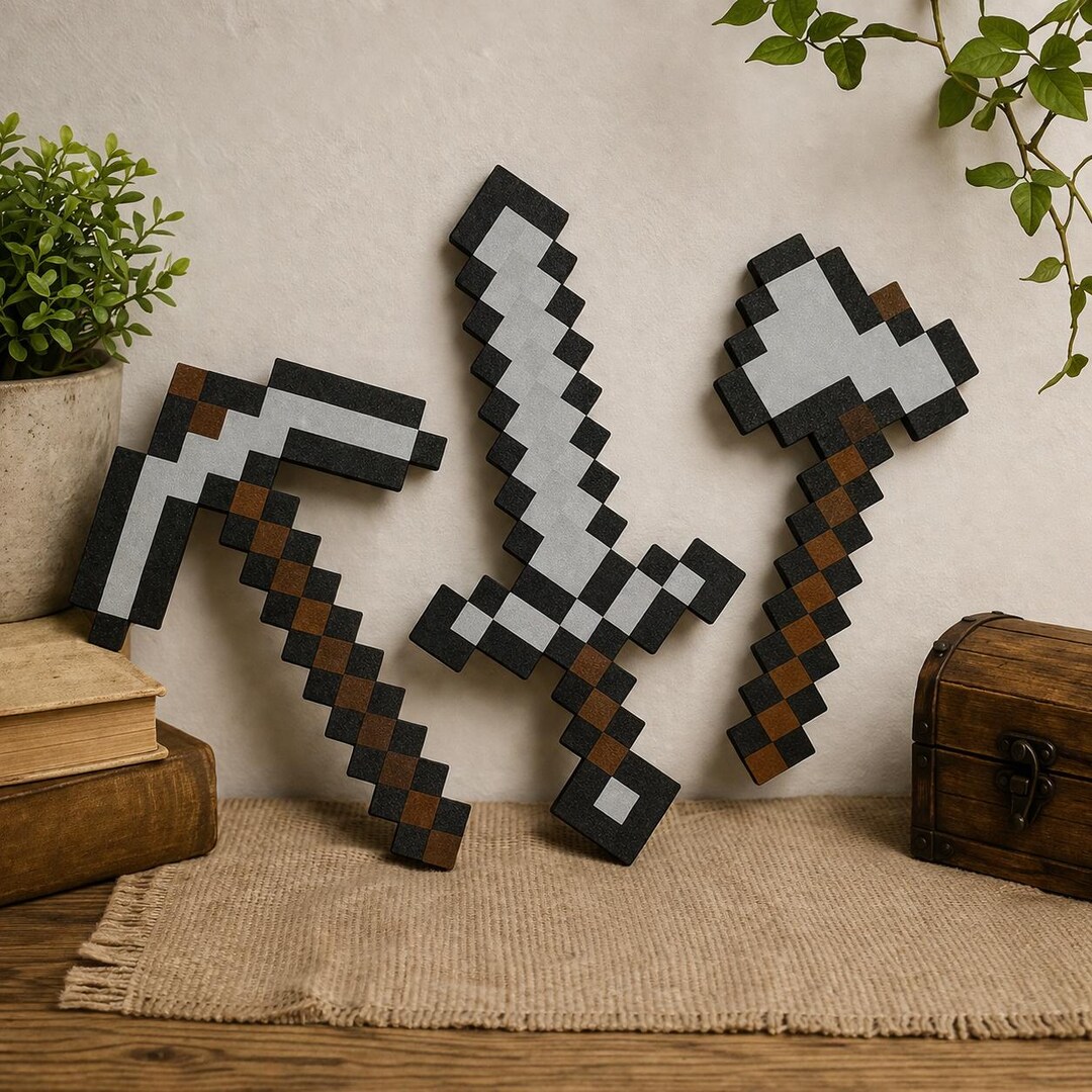 Gray Brown Pixel Minecraft Tool Set, Pickaxe Sword Axe Wall Decor ...