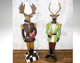 Set of 2 Welcoming Deer Soldier Deer Statue, Deer Bust Statue, Christmas Decorative,Rustic Art, Christmas Gift, Happy New Year Deer Bust