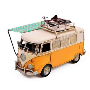 Vintage Camper Van VW Beetle Model, Classic Volkswagen Bus with Roof Tent, Retro Die Cast Metal Car, Miniature Gift for Collectors
