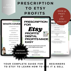 May include: Digital guide titled "Prescription to Etsy Profits" with the text "Digital Profits Made Easy." The guide includes sections on Etsy SEO, digital products, and setting up an Etsy shop. The guide is an instant download for beginners.