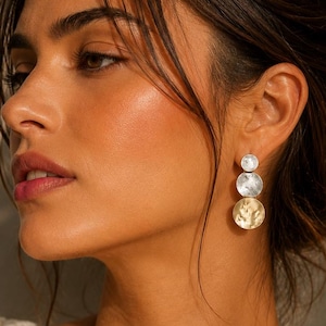 Statement Drop Earrings: Matte Silver & Gold Disc Modern Jewelry