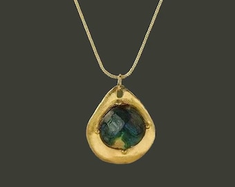 16" 18kt Gold Plated Abalone Shell Necklace | Green-Blue Pendant | Boho Jewellery Gift for Her