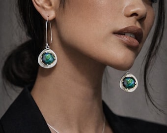 Unique Boho Silver Abalone Shell Earrings | Blue Green Iridescent Drops