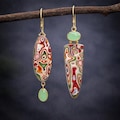 18kt Gold Plated Fordite Inspired Asymmetrical Boho Leaf Drop Earrings | Long Gold Dangle | Red & Green