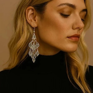 NEW 925 Silver Long Earrings with Tibetan Silver Boho Drops