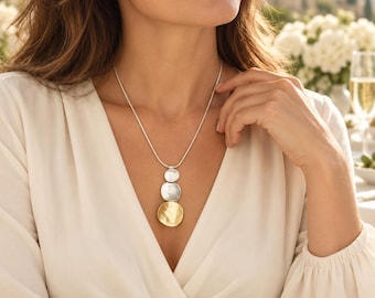 Sterling Silver Mixed Metal Disc Statement Necklace | Gold Silver tone Pendant