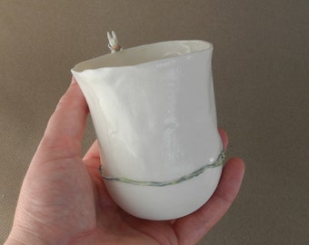 Cup in white porcelain with a rabbit on a ladder - handmade ceramic whimsical vessel