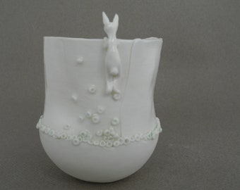 Cup in white porcelain with a rabbit - handmade ceramic whimsical vessel