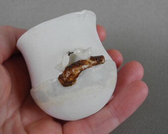 Cup in white porcelain with 2 birds on a twig - handmade ceramic whimsical vessel