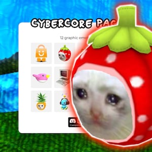 May include: A digital illustration of a white cat wearing a red and white strawberry hat with white polka dots. The cat is crying and the hat has a green leafy top. The image is a digital download for use on Discord.