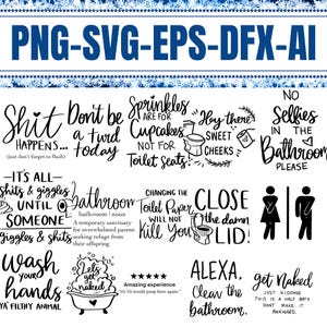 Paquete SVG con más de 100 archivos: Cita sobre el baño, Inodoro, Baile del orinal, Casa de campo, Letrero de baño, Baño divertido, Título de archivo recortado