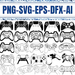 May include: A collection of 25 black and white vector illustrations of different types of video game controllers. The illustrations are in a simple, flat style.
