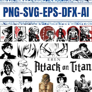Può includere: Illustrazioni digitali in bianco e nero di personaggi dell'anime L'Attacco dei Giganti. I personaggi includono Eren Yeager, Mikasa Ackerman, Levi Ackerman e altri. Il testo "L'Attaque des Titans" è scritto in un carattere gotico in grassetto.