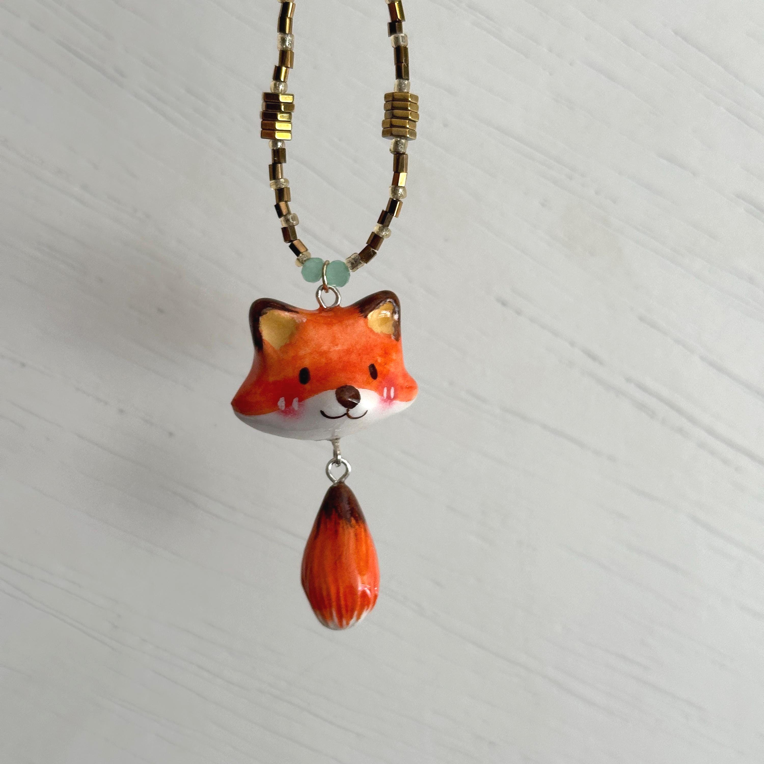 Kawaii Necklace, Cute Fox Designs, Handmade Animal Jewelry, Air dry Clay
