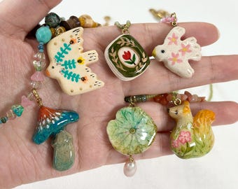 Kawaii Animal Jewelry, Bird, Squirrel, Hand Painted Clay Pendant, Art-Inspired Jewelry