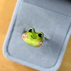 Könnte beinhalten: Ein skurriler Froschring mit einem handbemalten, grünen Froschgesicht. Der Ring hat ein silbernes Band und wird in einer grauen Ringschatulle präsentiert. Der Frosch hat schwarze Augen, einen lächelnden Mund und rosa Wangen.