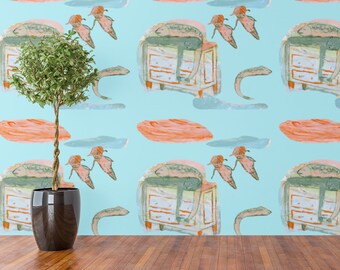 Wallpaper Peel and Stick Walls and Furniture, Removable, Matte Finish, Textile Texture, PVC Free Modern Design friends turquoise boy fish