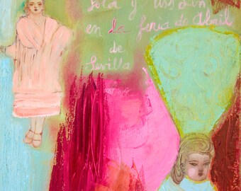 Fine Art Giclee Print pink red turquoise green, two andalusian girls modern wall art print by Ana Gonzalez