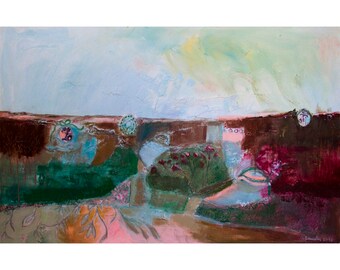 Art Print, Landscape Print, Giclee Art, blue pink green, turquoise, burgundy, abstract landscape, modern wall art, by Ana Gonzalez