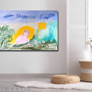 Abstract Original Painting canvas 40x26 Large wall Art girls dogs garden clouds trees turquoise green pink AnaGonzalezArt image 4