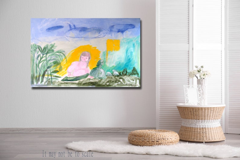 Abstract Original Painting canvas 40x26 Large wall Art girls dogs garden clouds trees turquoise green pink AnaGonzalezArt image 4