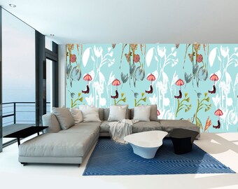 Wallpaper Peel and Stick Walls and Furniture, Removable, Matte Finish, Textile Texture, PVC Free Modern Design Turquoise Flowers