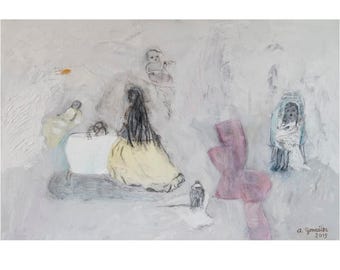 Fine Art Print, Giclee Art, from painting, modern wall art, gray turquoise, children monkey, by Ana Gonzalez