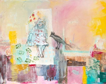 Fine Art Print, Landscape Print, Giclee Art, yellow pink green, turquoise, girl, abstract landscape, modern wall art, by Ana Gonzalez