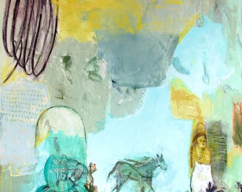 Fine Art Giclee Print gray turquoise green horse girl modern wall art print by Ana Gonzalez