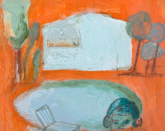 Fine Art Giclee, Print orange turquoise green girl house trees modern wall art print by Ana Gonzalez