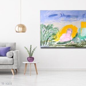 Abstract Original Painting canvas 40x26 Large wall Art girls dogs garden clouds trees turquoise green pink AnaGonzalezArt image 3