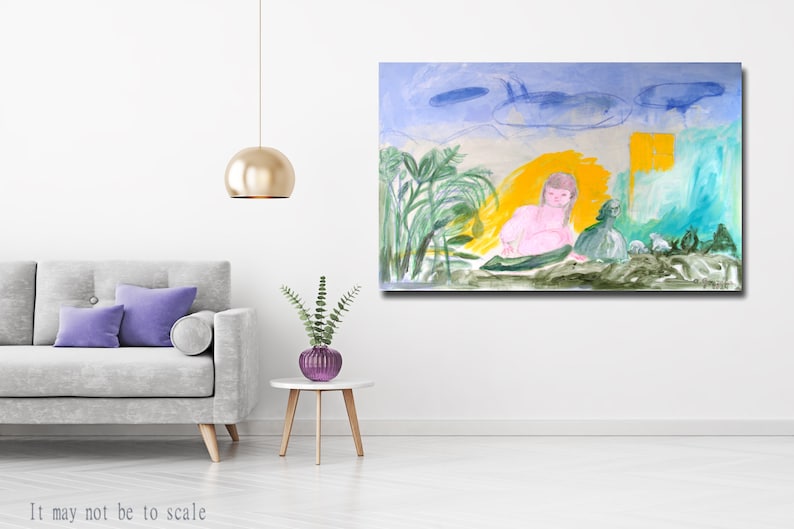Abstract Original Painting canvas 40x26 Large wall Art girls dogs garden clouds trees turquoise green pink AnaGonzalezArt image 3
