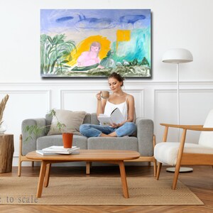 Abstract Original Painting canvas 40x26 Large wall Art girls dogs garden clouds trees turquoise green pink AnaGonzalezArt image 6