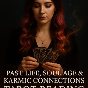 May include: A woman with auburn hair holds three tarot cards. The cards have gold designs. Text at the bottom reads "PAST LIFE, SOUL AGE & KARMIC CONNECTIONS TAROT READING DISCOVER WHO YOU WERE BEFORE."