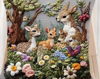 THROW PILLOW COVER - Vintage Style Embroidered Forest Animals Cushion Cover