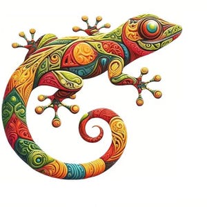 May include: A colorful, stylized illustration of a gecko. The gecko is depicted with intricate patterns in shades of red, orange, yellow, green, and blue. The gecko's tail is curled, and it has detailed feet and a large eye.