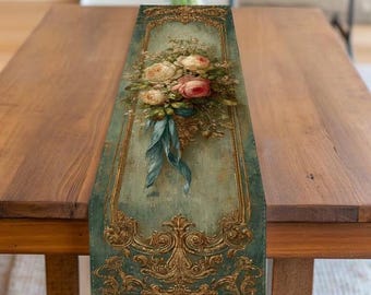 Table Runner  Floral Design with Golden Framing in Teal And Blue Shades(72 x 13") #73