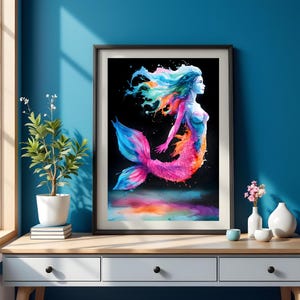 Vibrant Watercolor Mermaid Art Print, Colorful Ocean-Inspired Wall Decor