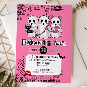 May include: Pink Halloween party invitation featuring three cartoon ghosts. One ghost reads a book, another uses a phone, and the third uses a smartphone. The invitation includes the text "Halloween Party" and event details.