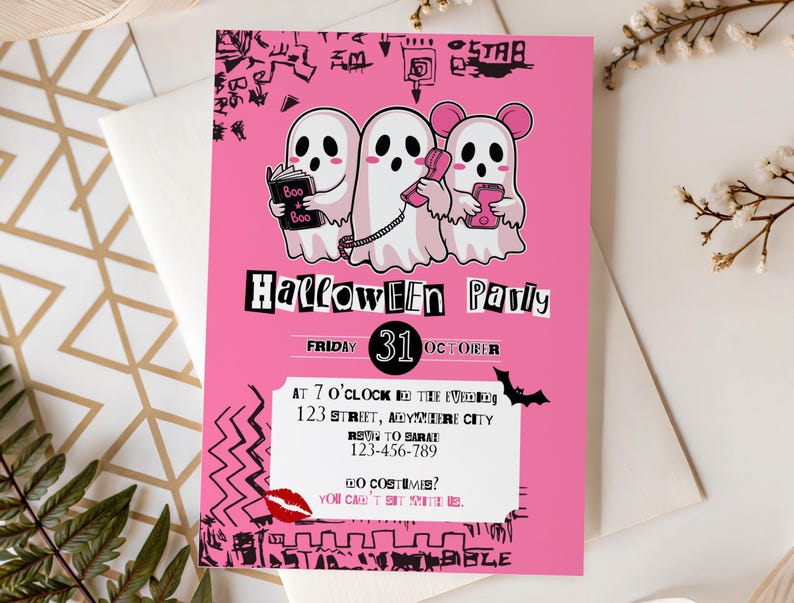 May include: Pink Halloween party invitation featuring three cartoon ghosts. One ghost reads a book, another uses a phone, and the third uses a smartphone. The invitation includes the text "Halloween Party" and event details.